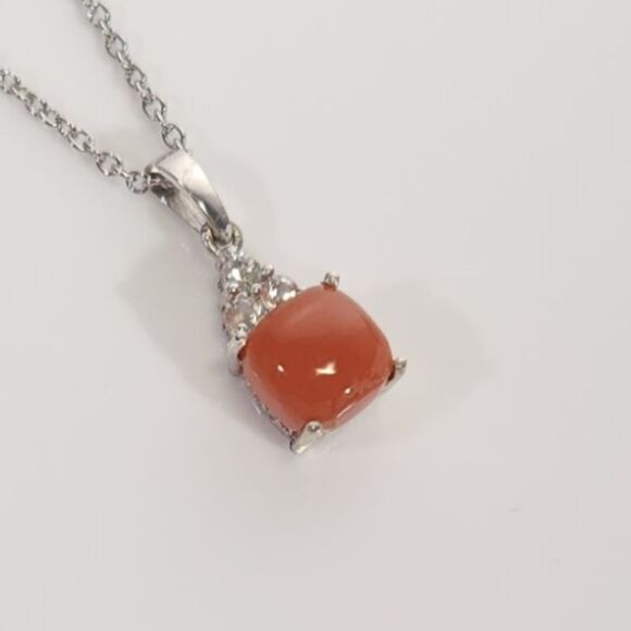 Peach Moonstone Pendant Necklace Stainless Steel Chain - Picture 1 of 8